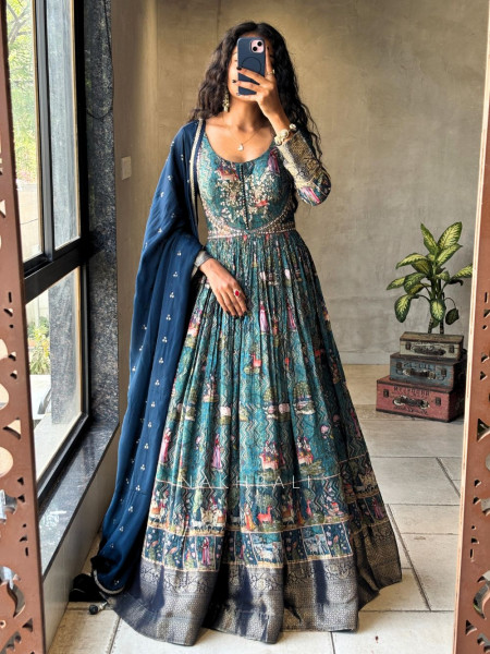 Zorika Teal Printed Anarkali Suit Set with Sequin Zari Work