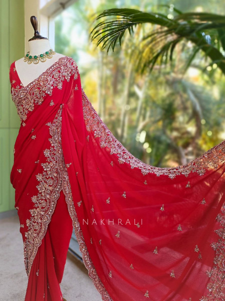 Rivaya Red Saree with Cut Dana and Sequin Work