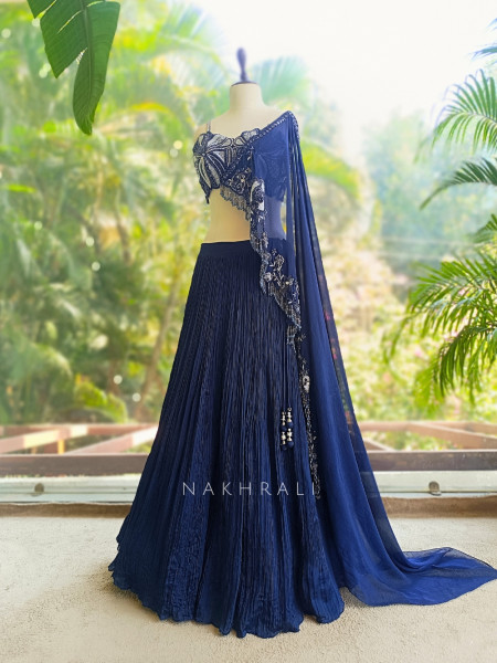 Midnight Blue Indo Western Lehenga with Bead Fringe and Sequin Embellishment