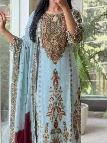 Powder Blue Straight Kurta Suit Set