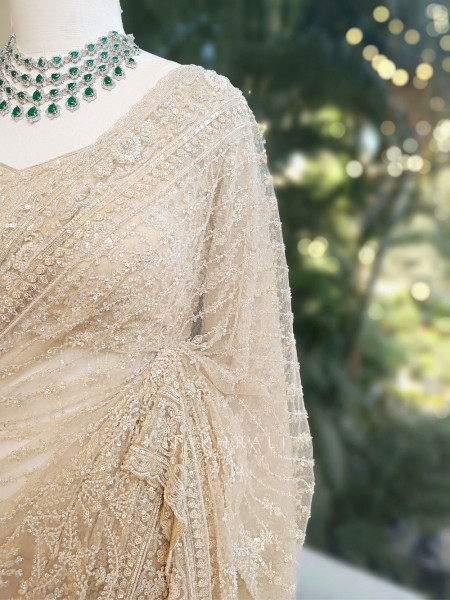 Sofia Cream Sequin Saree with Cut Dana Work
