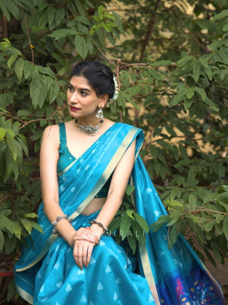 Mayur Blue Chanderi Saree with Floral Ikat Print
