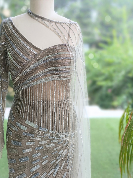 Cove Grey Illusion Net & Satin Gown