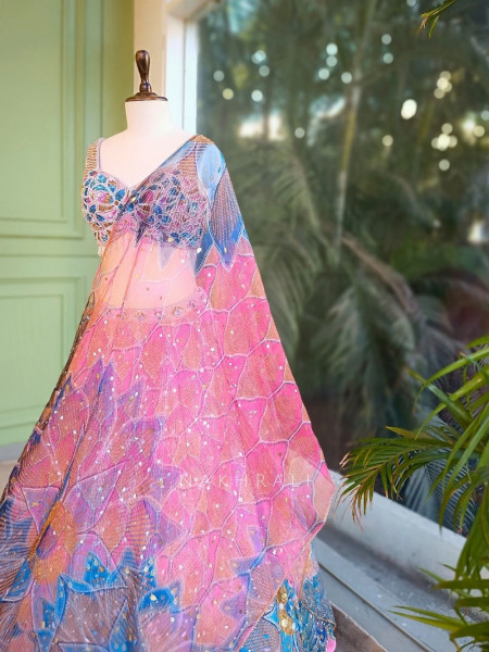 Azmira Blue Pink Floral Lehenga Set with Sequin and Bead Work