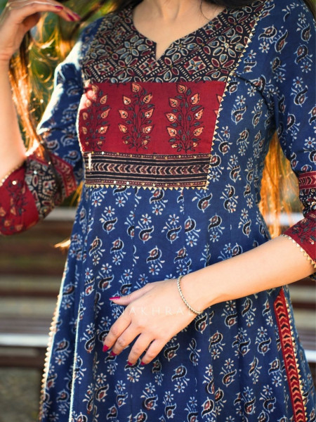 Noori Blue Cotton Flared Kurta