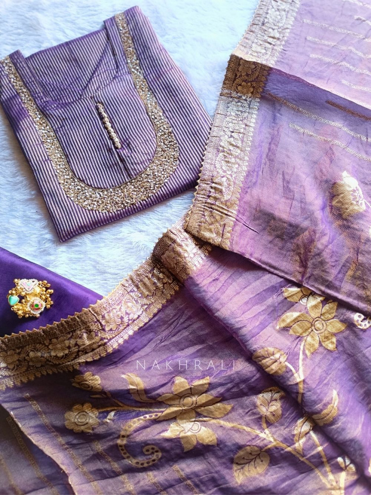 Image of Noorline Glow Purple Semi-stitched Dress Material with Sequin and Cut Dana Work