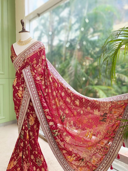 Rivayat-e-Aroos Maroon Saree With Heritage Motif Border Work
