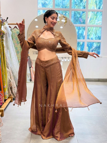 Nyra Brown Indo-Western Palazzo Set with Embroidered Jacket Detail