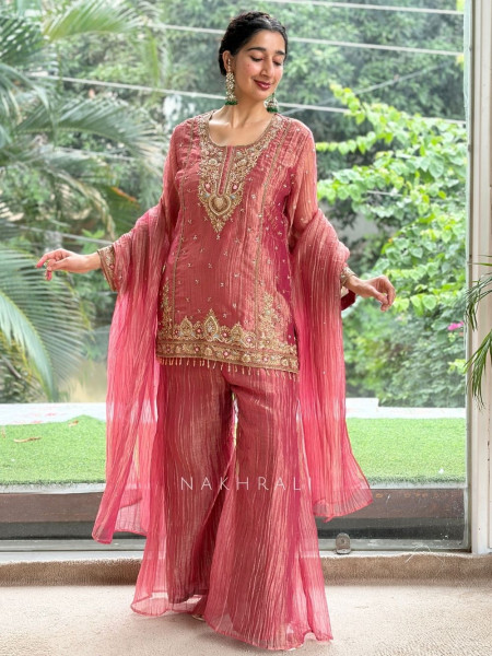 Mrinalika Peach Metallic Tissue Silk Suit Set