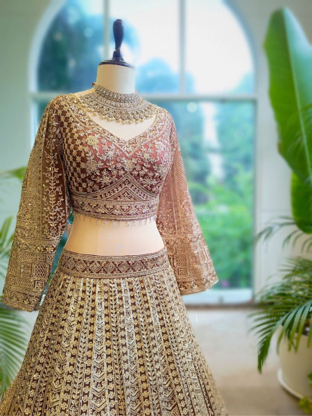 Golden Flare Brown Lehenga with Thread and Sequin Work