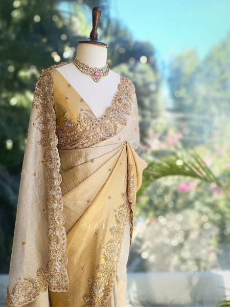 Vilasya Golden Beige Saree with Cut Dana Sequin Work