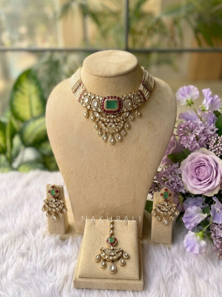 Taruni Pista Green Choker Necklace Set with Kundan-Style Stone Work