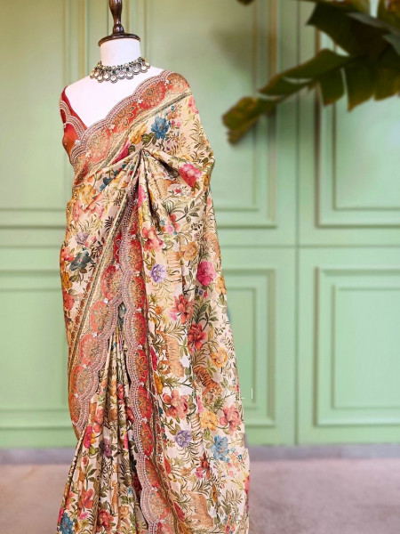 Anvika Beige Saree with Cut Dana and Sequin Work