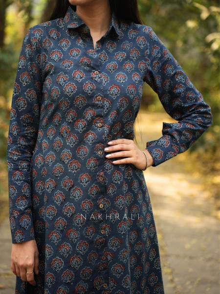 Rihana Blue Cotton Block Printed Button-Down Dress