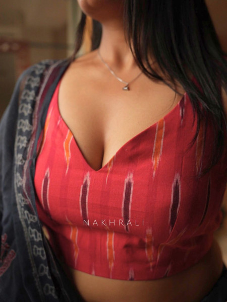 Assorted Red Ikat Woven Sleeveless Blouse with Tie-Up Back Detail