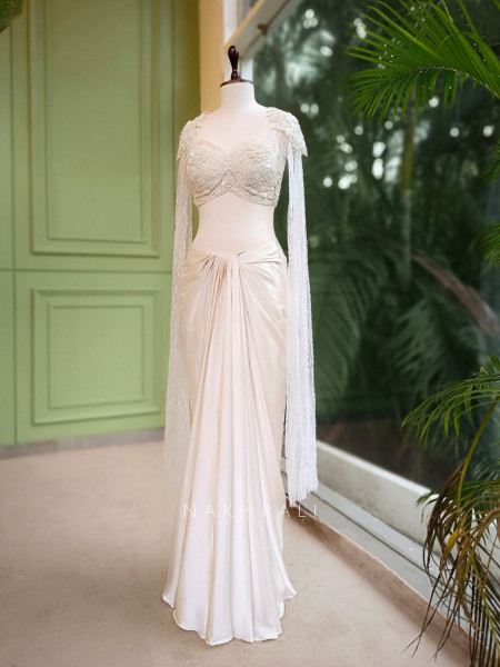 Zaria Ivory Draped Dhoti Skirt Set with Cape Blouse