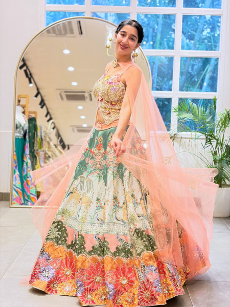 Vrindavan Palace Silk Lehenga with Jewel-Tone Asymmetric Corset