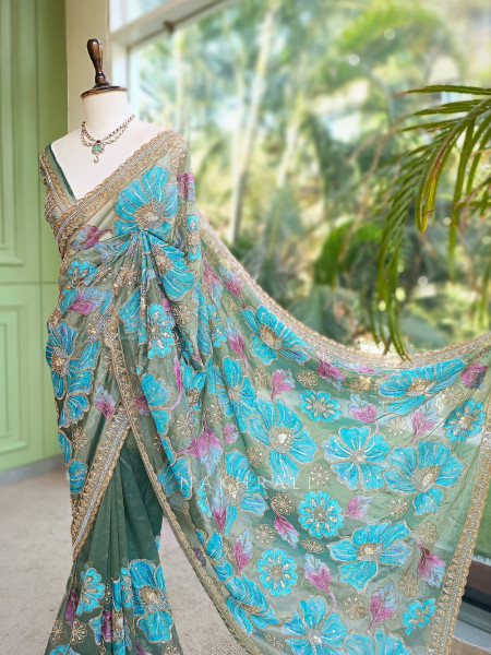 Firoza Bagh Olive Sage Green Organza Saree with Oversized Floral Resham Embroidery