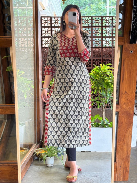 Ziya Black Cotton Straight Kurta with Handblock Yoke