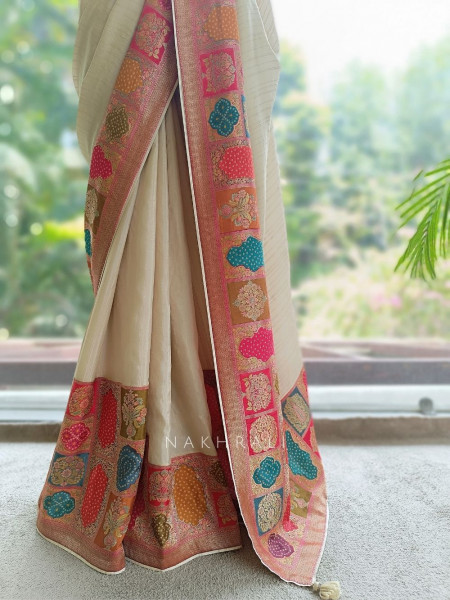 Ranjani Beige Saree with Multicolor Woven Border
