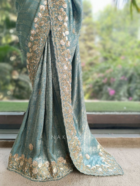 Symphony Sea Green Saree with Zardozi Floral Embroidery