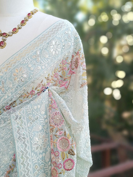 Ecru Grace Sea Green Embroidered Elegance Saree with Sequin Detailing