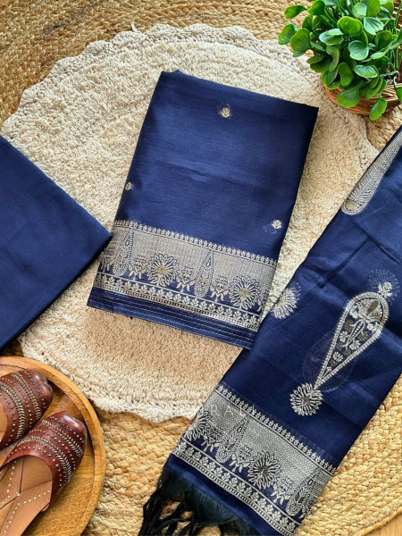 Elegant Woven Border Blue Color Dress Material