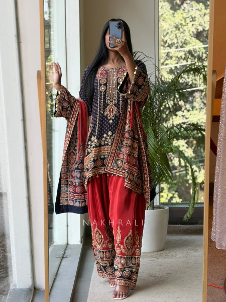 Aura-Miyan Blue Crepe Silk Farshi Suit Set