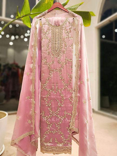 Vanilla Hue Onion Pink Tissue Dress Material with Sequin & Cut Dana Work