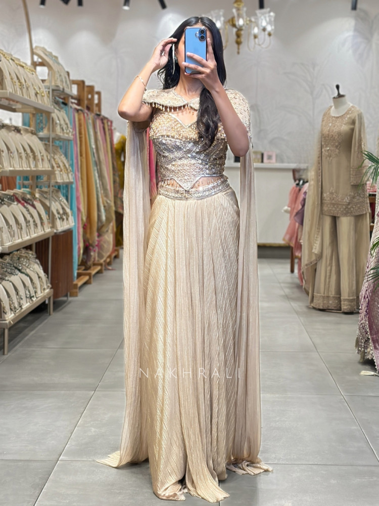 Image of Aurum Shimmer Beige Corset Crop Top Skirt Set with Liquid Cape