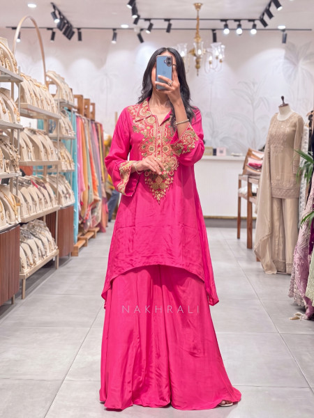 Mayura Canary Magenta Asymmetric Crepe Palazzo Set