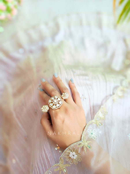Rajvi Kundan Triple Motif Ring with Polki Detailing