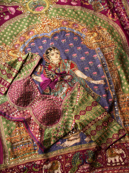 Nrityagopi Multicolor Modal Satin Silk Pichwai Printed Saree with Mirror & Zari Work