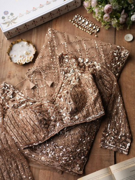 Suhana Brown Handworked Net Saree with Readymade Blouse