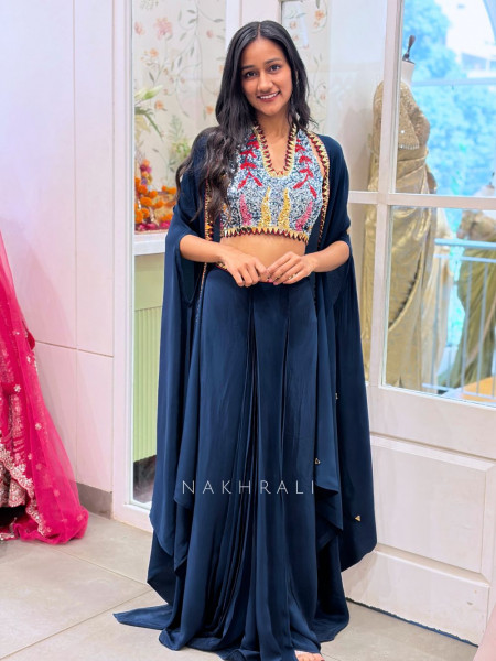 Willow Navy Blue Halter Indo-Western Set with Cape Shrug