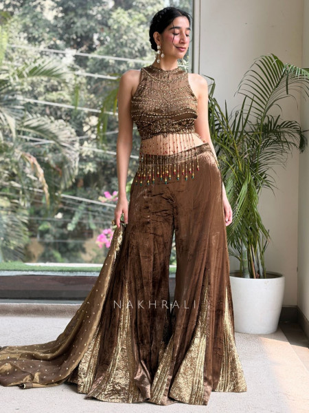 Nazneen Mehndi Green Velvet Indo-Western Crop Top Palazzo