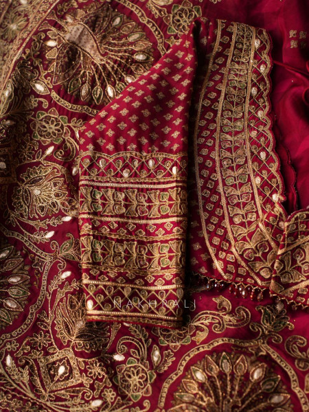 Virasat Maroon Crepe Saree with Heavy Embroidery and Readymade Blouse