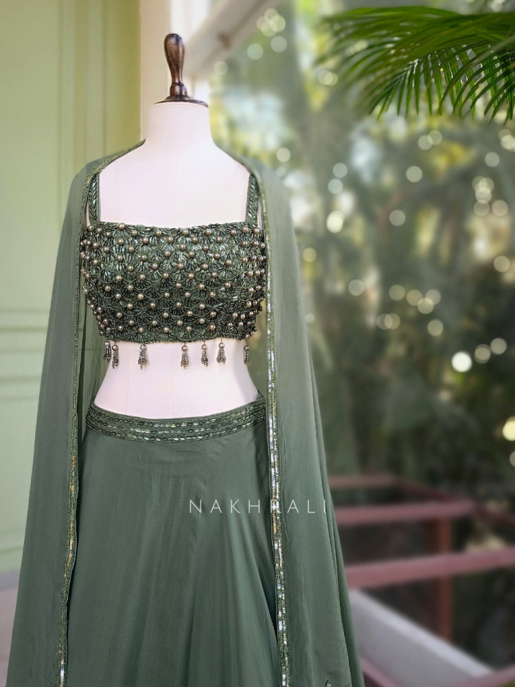Image of Sage Green Indo Western Lehenga with Pearl Embellished Blouse