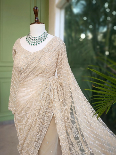 Sofia Cream Sequin Saree with Cut Dana Work
