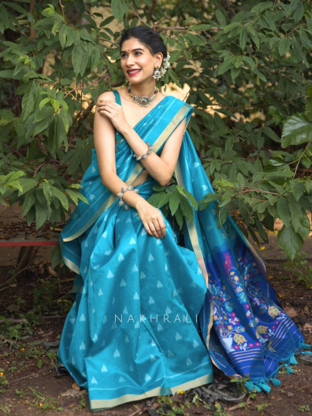 Mayur Blue Chanderi Saree with Floral Ikat Print