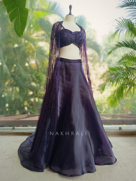 Roshira Wine Indo-Western Lehenga Set with Cut Dana and Sequin Work