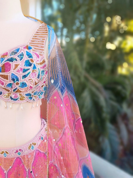 Azmira Blue Pink Floral Lehenga Set with Sequin and Bead Work