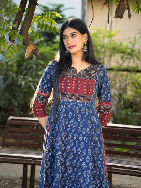 Noori Blue Cotton Flared Kurta Pant Set