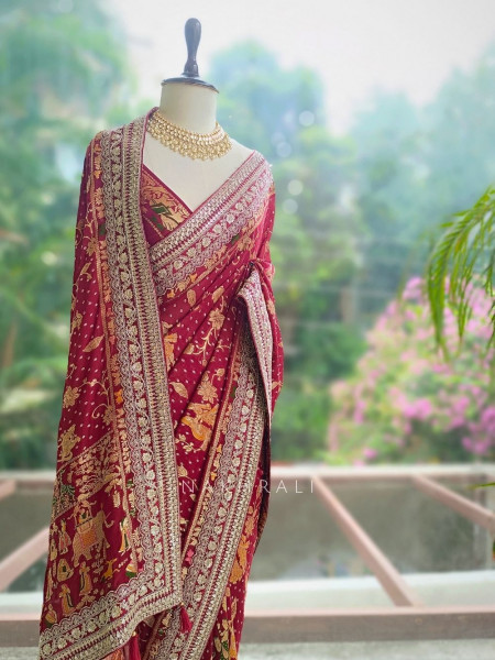 Rivayat-e-Aroos Maroon Saree With Heritage Motif Border Work