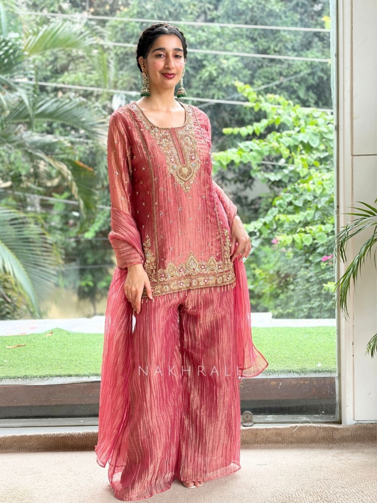Image of Mrinalika Peach Metallic Tissue Silk Suit Set