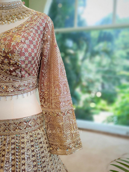 Golden Flare Brown Lehenga with Thread and Sequin Work