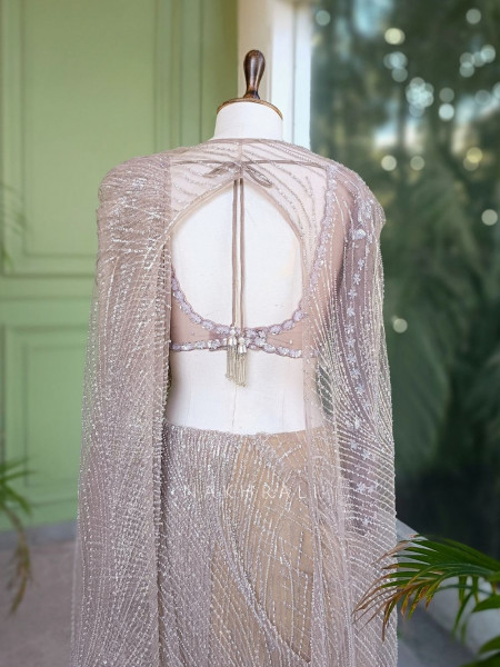 Silver Drift Grey Sequin Saree with Cape