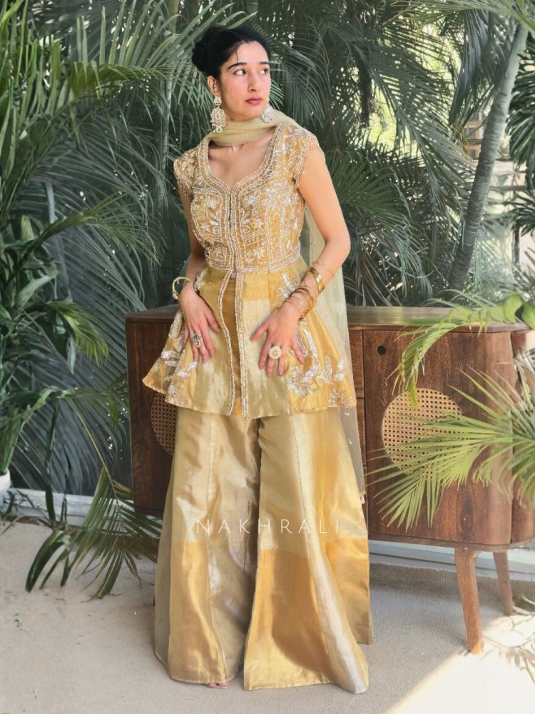 Image of Tejasvi Golden Sequin Beaded Suit Set
