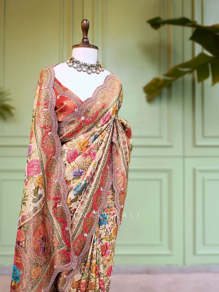 Image of Anvika Beige Saree with Cut Dana and Sequin Work