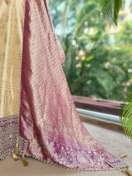 Elegant Ombre Cream Banarasi Silk Anarkali Suit Set with Border & Potli Bag